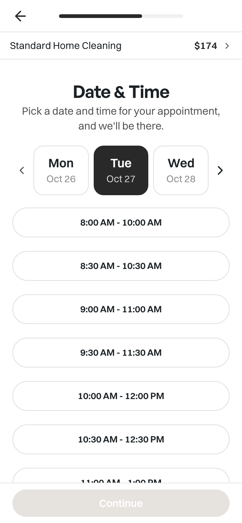 Cleenfy booking page on a phone: a client picks Tuesday and a 9 to 11 AM arrival window for a standard home cleaning.