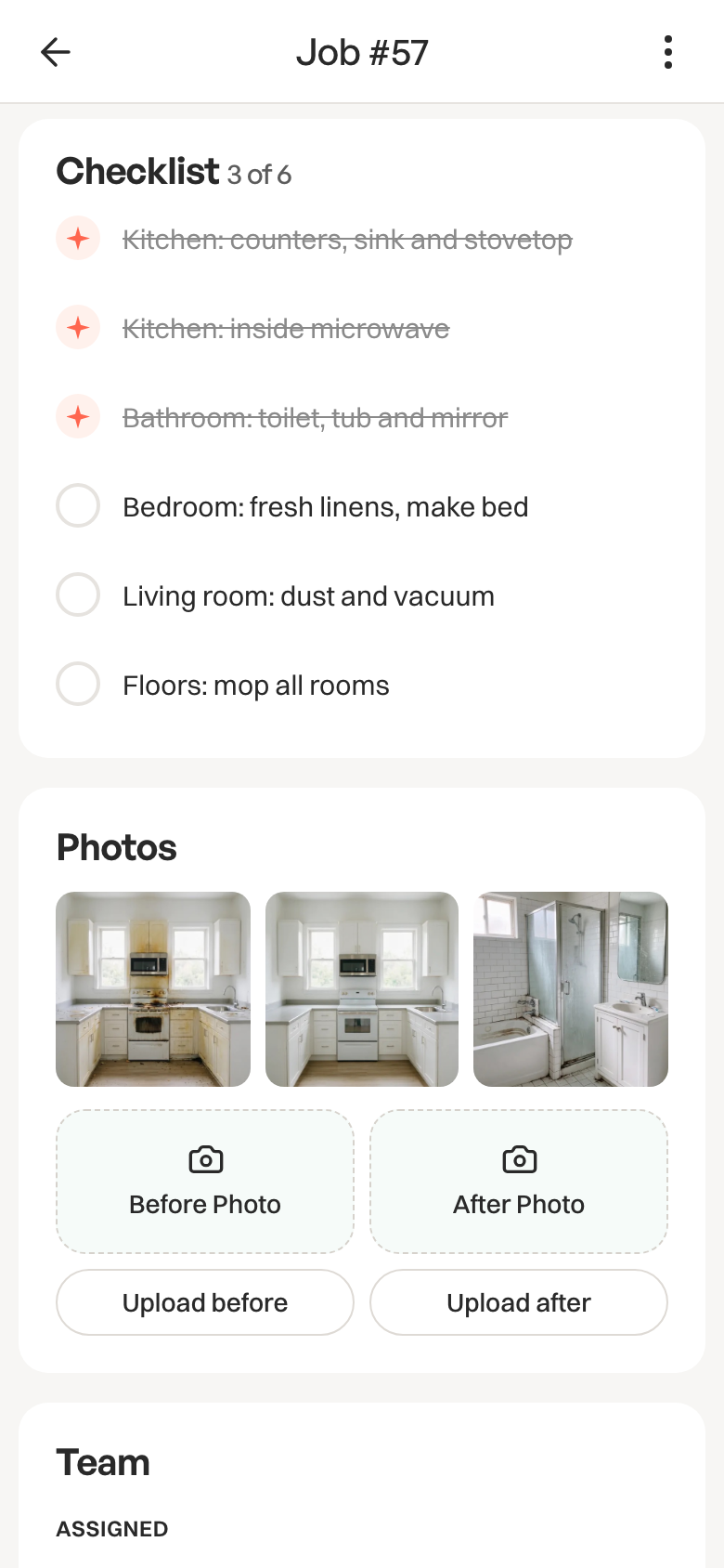 Cleenfy Field App checklist by room with before and after photos of the kitchen, three of six rooms done.