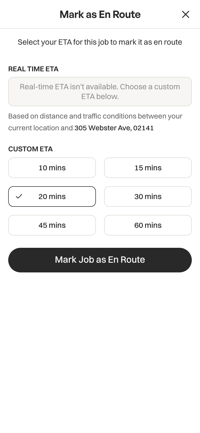 Cleenfy Field App: the cleaner picks a 20 minute ETA before marking the job as en route, so the client gets an on-my-way text.
