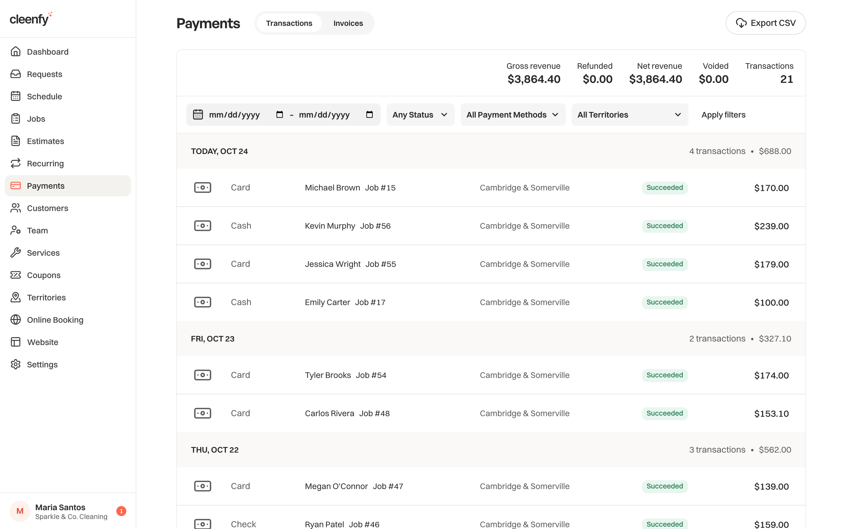Cleenfy payments: the week's card and cash payments grouped by day with gross and net revenue at the top.