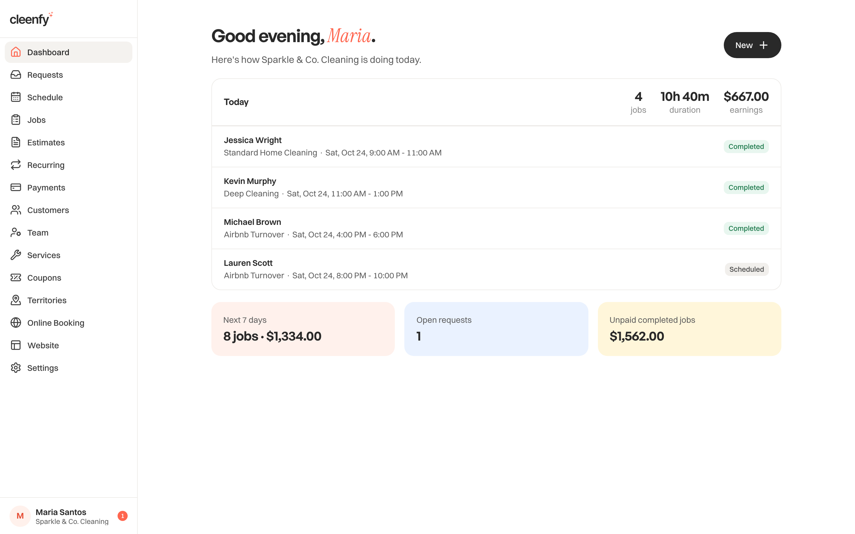 Cleenfy owner dashboard: today's four cleanings, hours booked and earnings, plus the week ahead and unpaid jobs.