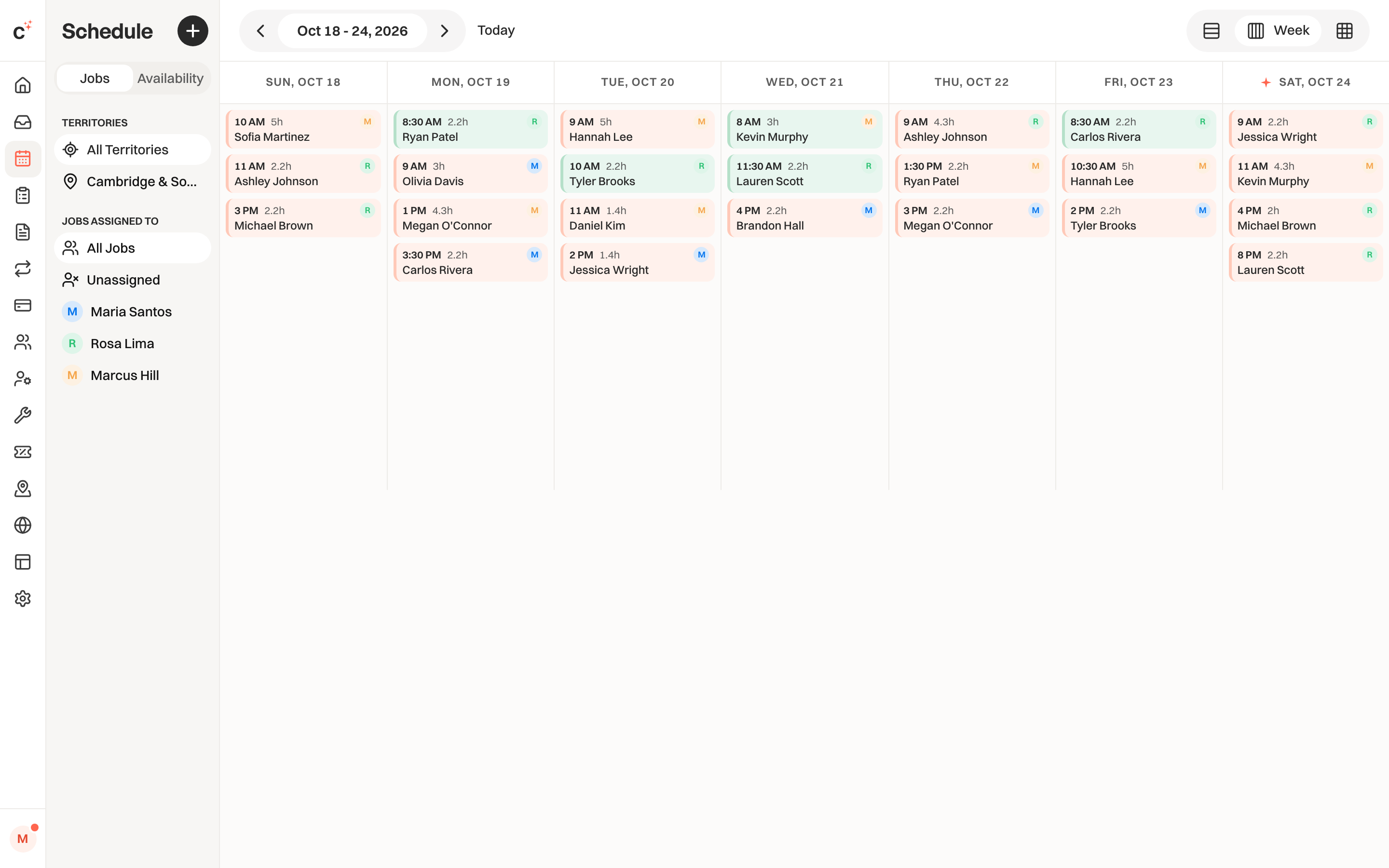 Cleenfy weekly schedule: every job of the week color-coded, peach for one-off cleanings and mint for recurring clients, with each cleaner's initial.